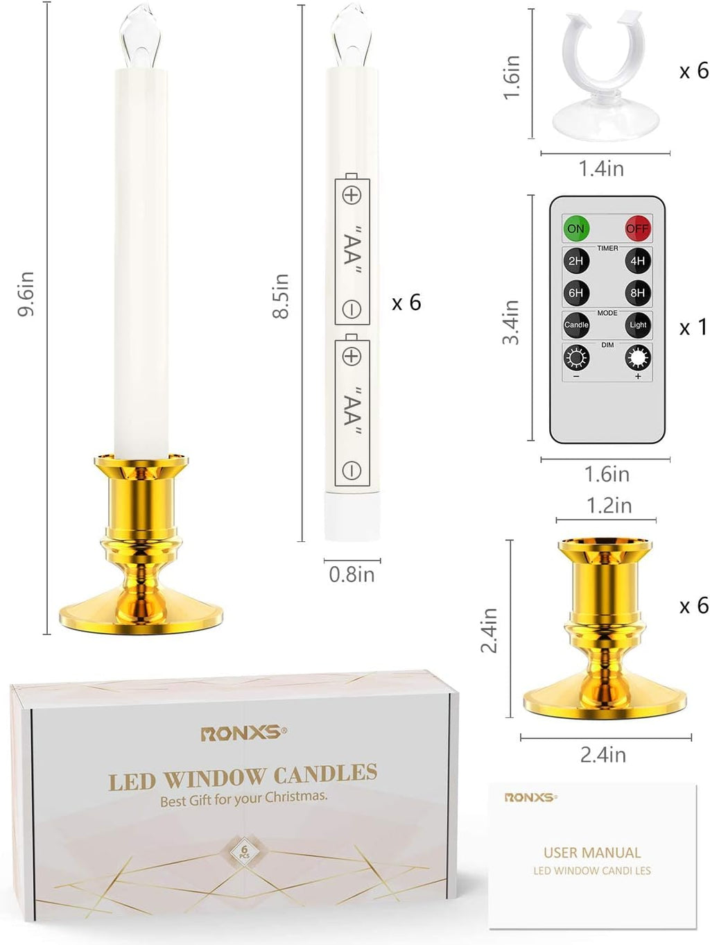RONXS Window Candles Battery Operated, Flameless LED Taper with Timer 6pcs