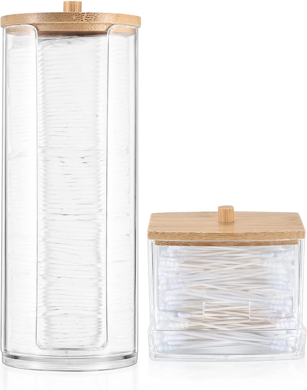 2 Pcs Cotton Pad Holder, Bathroom Makeup Organizers Containers for Cotton Ball/Swab/Round Pads/Floss/Hair Ties Canister Vanity Storage Jars Dispenser Holder wuth Bamboo Lid