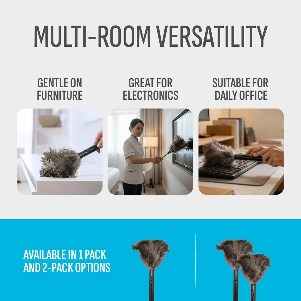 Retractable Feather Duster 8-14 in Adjustable - Natural Ostrich Feather Duster for Cleaning Ceiling Fans, Blinds, Plantation Shutters, Walls & Furniture - Quality Checked in USA - 2 Pack