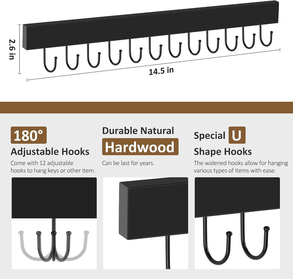 ZEDODIER Key Holder for Wall, Key Hanger Wall Mount with 12 Adjustable Hooks for Wall, Wooden Key Rack Decor for Entryway Front Door Kitchen Hallway Garage Mudroom, Black
