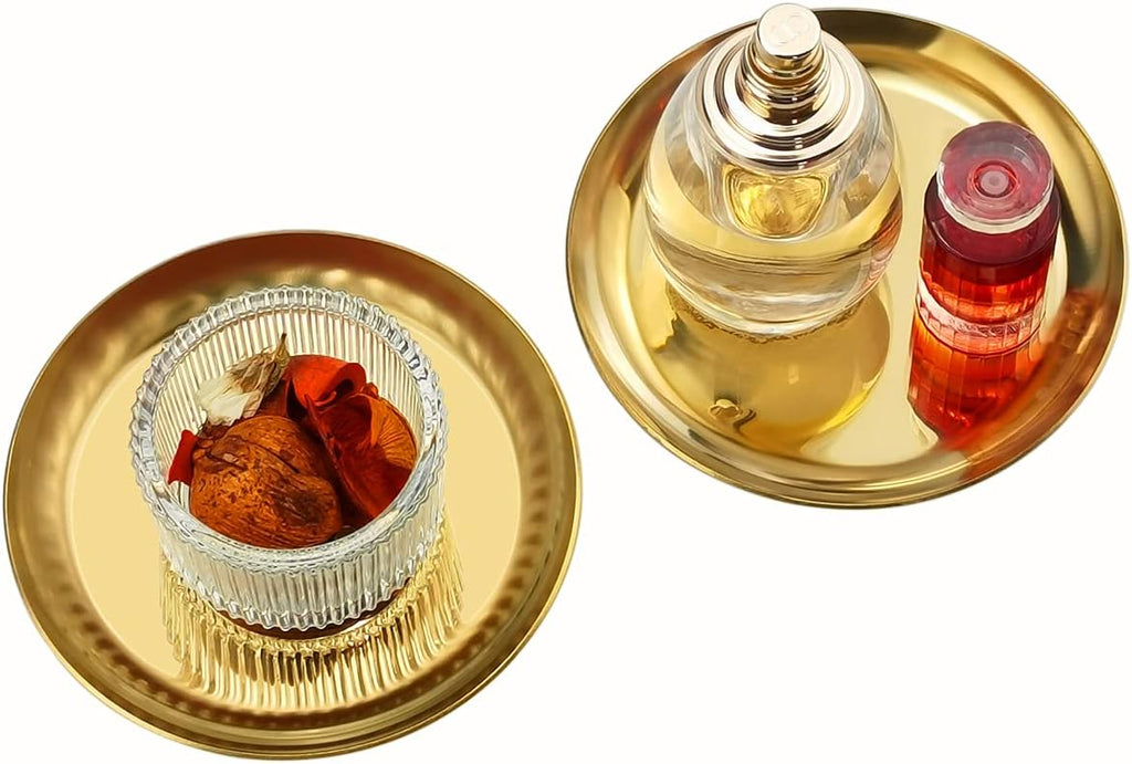 Freelove Small Round Tray 2 Pack, 4 inch, Soap Dispenser Dish Candlestick Jewelry Organizer for Preppy Room Decor Coffee Table Desk Vanity Countertop Bathroom Organization Accessories, Mirror Gold