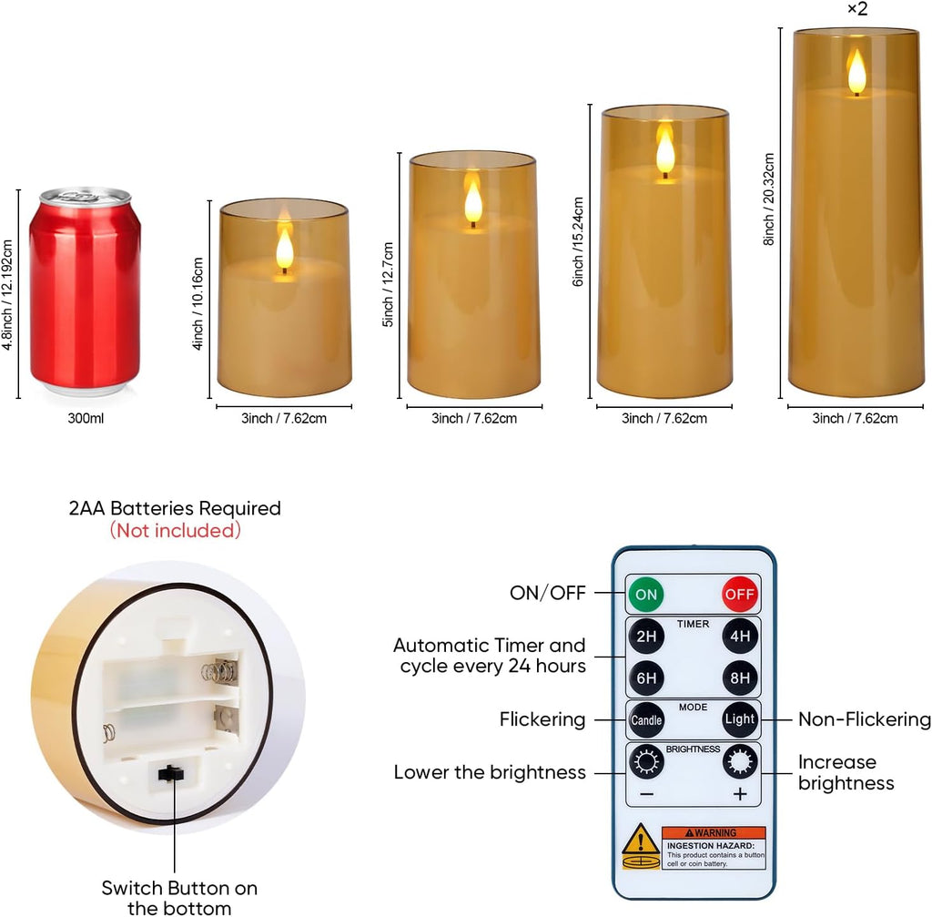 Raycare Amber Battery Operated Candles Flameless Candles with Timer and Remote 3" x 4" 5" 6" 8" 8", 5 Pcs Acrylic Flickering LED Pillar Candles Romantic Ambiance and Home Decoration