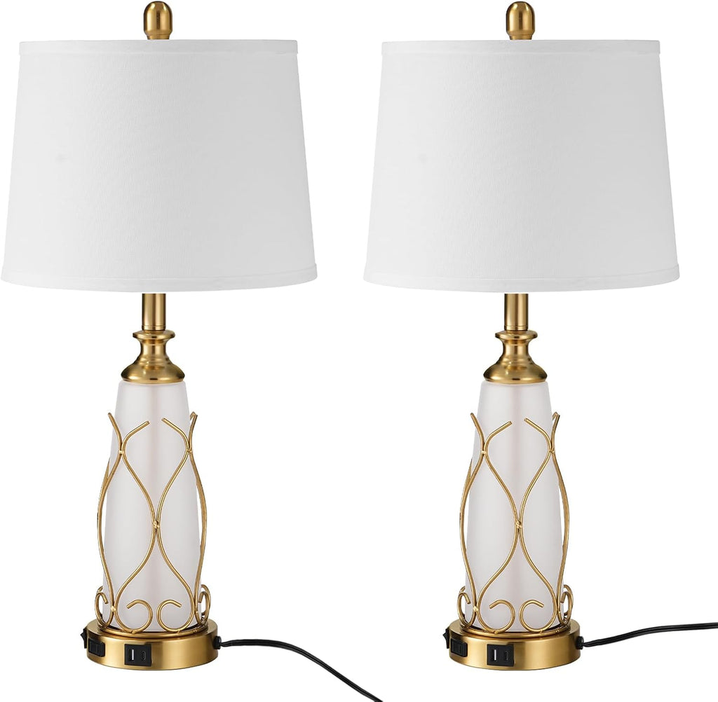 25.6" Glass Gold Table Lamps Set of 2, Tall Bedside Lamps with Nightlight, Modern Nightstand Lamp with USB Ports, Desk Lamp for Bedroom, Living Room, Office, LED Bulbs Included W02TL05