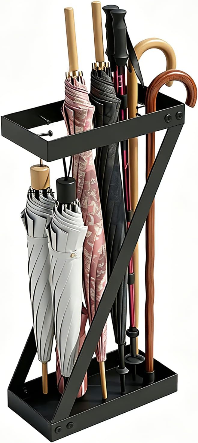 Umbrella Holder for Entryway, Black Indoor Umbrella Stand with Hooks,Metal Umbrella Storage Rack Ideal for Home Office Hotel Lobby