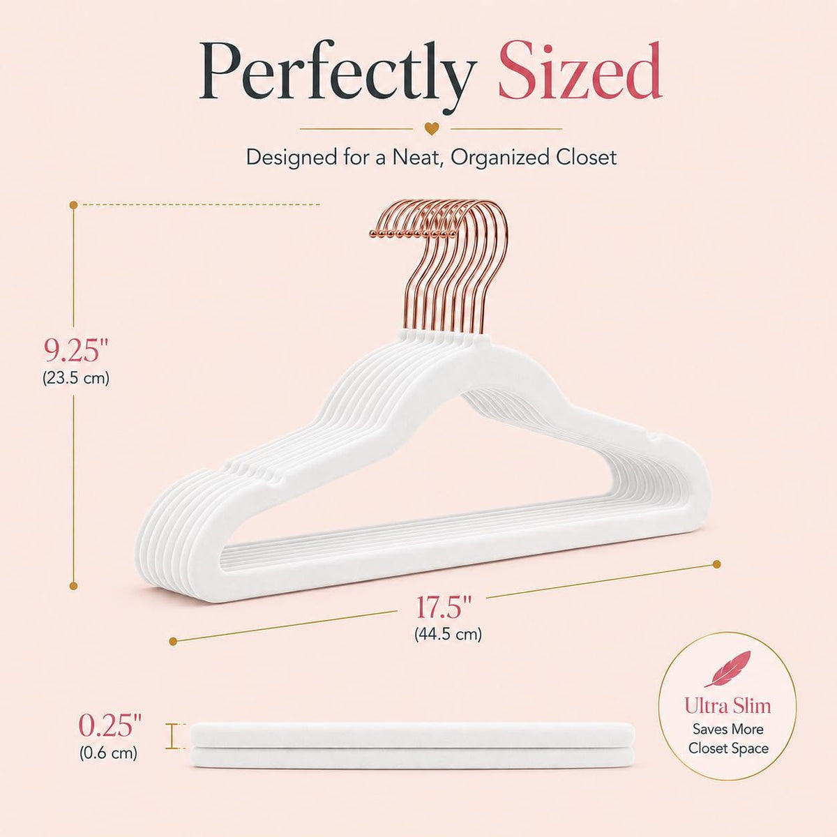 Smartor White Velvet Hangers 50 Pack, Non Slip Rose Gold Hook Felt Hangers