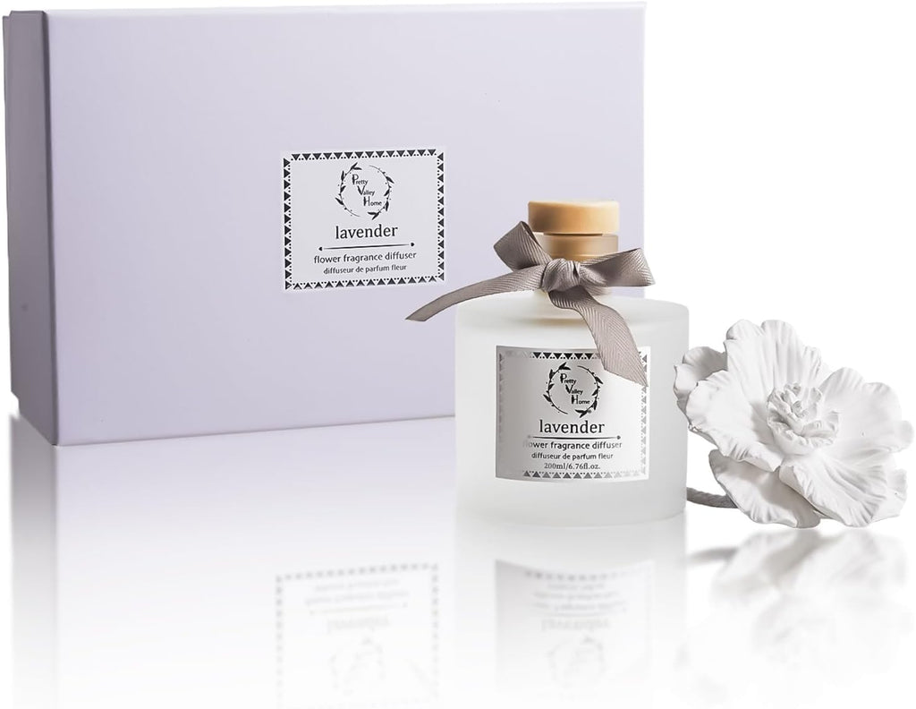 Reed Diffuser Sets, 6.76 Fl. Oz / 200ML Ceramic Diffuser Flower Gift Box, Home Reed Diffuser for Bathroom Office Bathroom Living Room Decor (Lavender White)