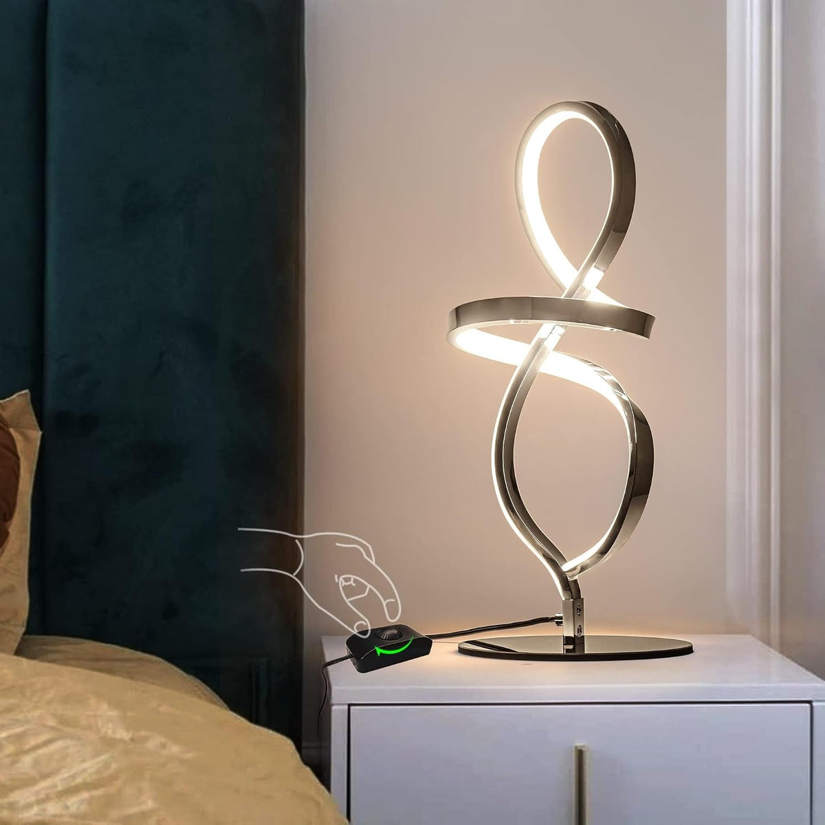 Modern Small Table Lamp with LED Spiral Design, 12W Chrome Nightstand Lamp