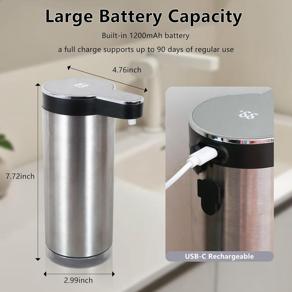 Automatic Foaming Soap Dispenser, Wall Mounted/Countertop Touchless 304 Stainless Steel Hand Soap Dispenser, Type-C Rechargeable LED Display, 4 Levels, IPX5 Waterproof, 12oz Kitchen/Bathroom, Black