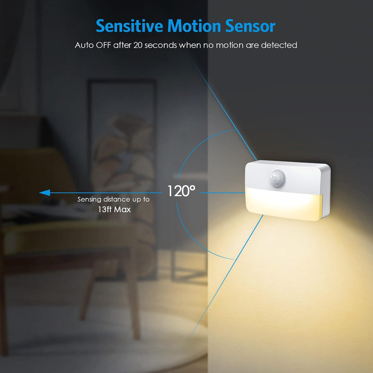 AMIR 2 Pack Mini Motion Sensor Stair Light for Indoor, Battery-Powered LED Night Light, 40 Lumen 3000K, Cordless Closet Lights, Safe Lights for Stairs, Hallway, Bathroom, Kitchen, Cabinet