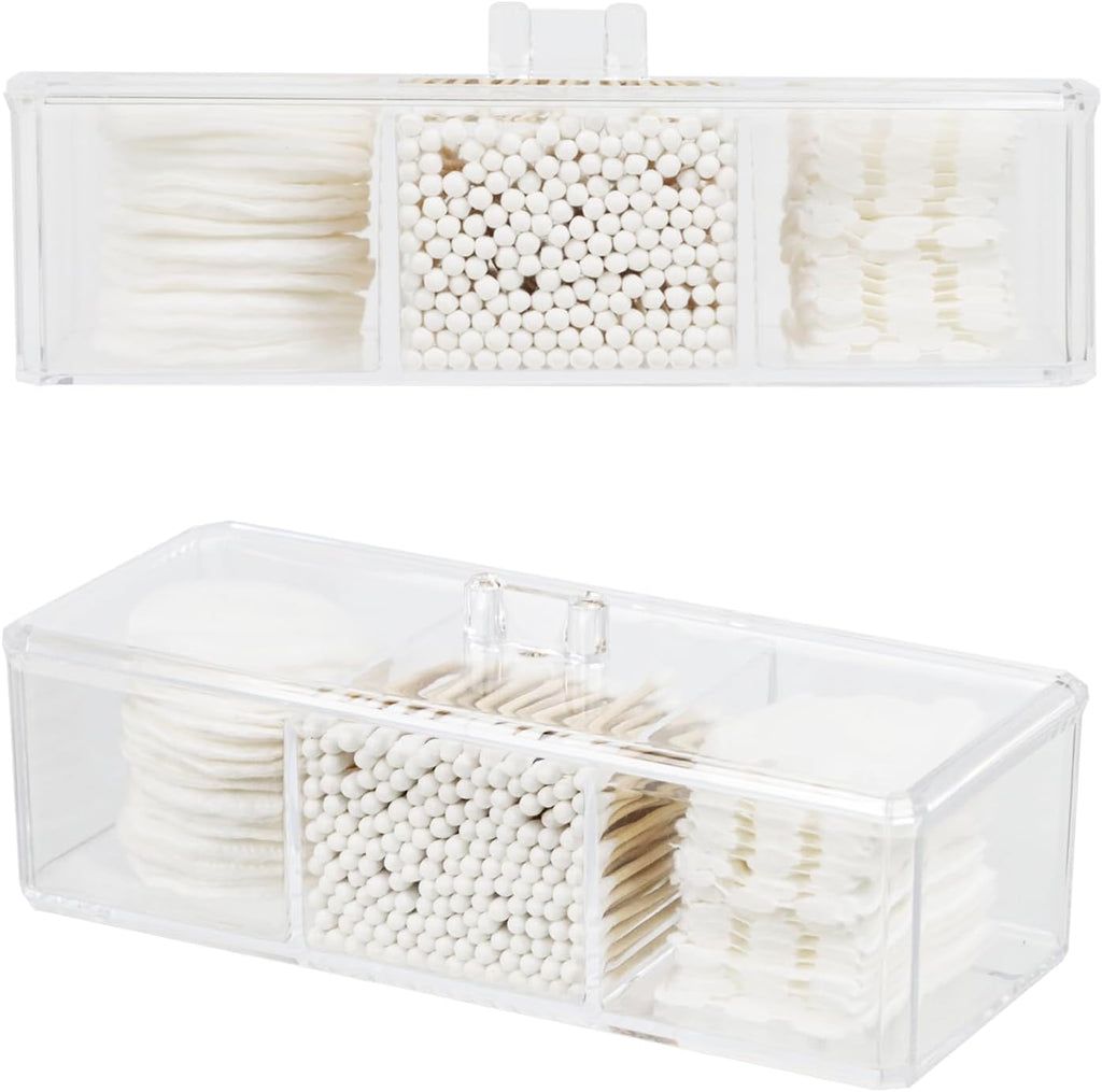 ZEXALOR Clear Bathroom Dresser Organizer - Cotton Ball Swab Holder with 3 Divided Compartments&Lid, , Waterproof Transparent Small Plastic Storage Containers, Vanity Makeup Organization