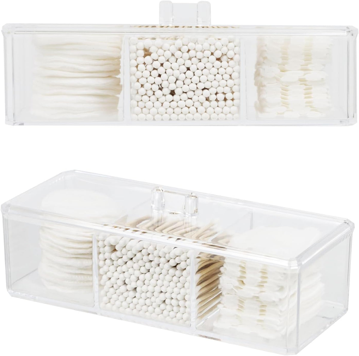 ZEXALOR Clear Bathroom Dresser Organizer - Cotton Ball Swab Holder with 3 Divided Compartments&Lid, , Waterproof Transparent Small Plastic Storage Containers, Vanity Makeup Organization