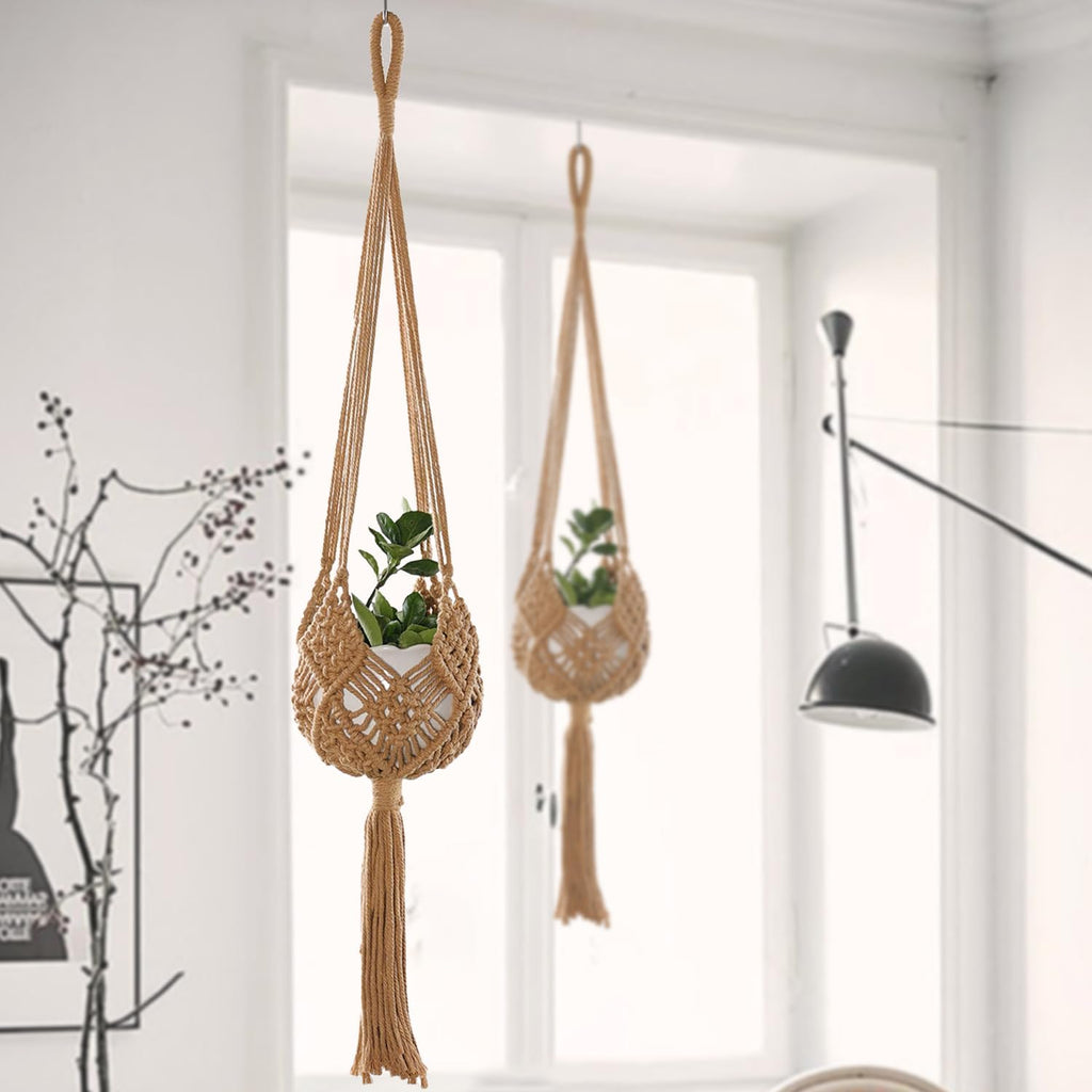 2-Pack Macrame Plant Hangers, Jute Hanging Planters for Indoor Plants for up to 8 Inch Pot Hanging Baskets Boho Plant Holder Basket for Outdoor Home, Handwoven, 35 Inchs