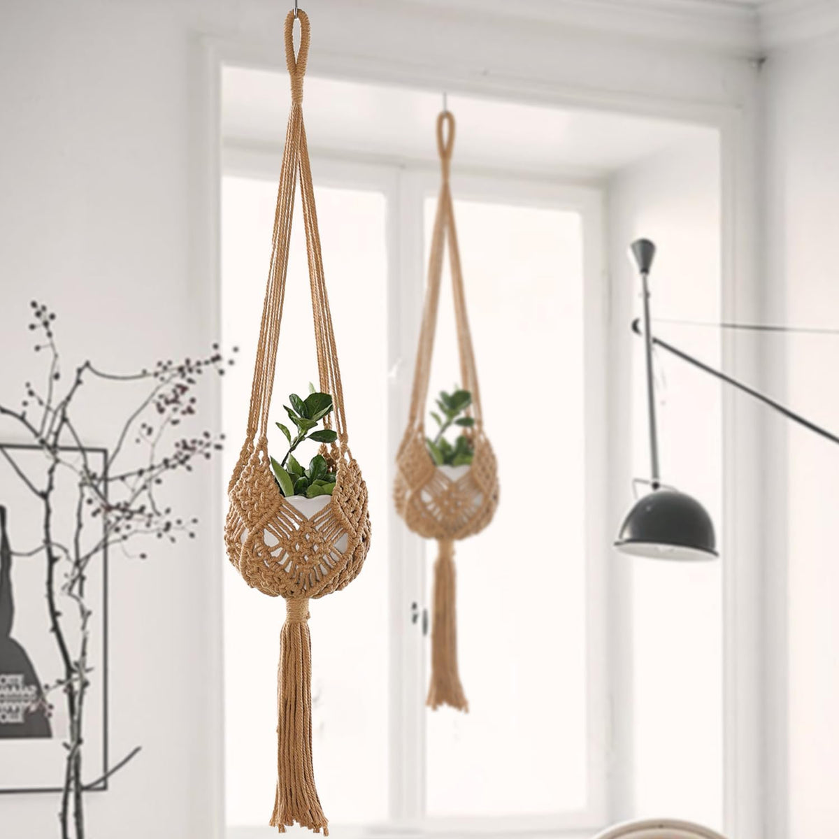 2-Pack Macrame Plant Hangers, Jute Hanging Planters for Indoor Plants for up to 8 Inch Pot Hanging Baskets Boho Plant Holder Basket for Outdoor Home, Handwoven, 35 Inchs