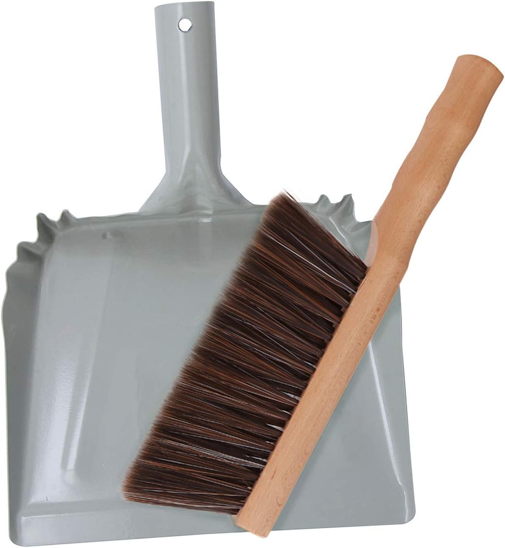 Metal Dust Pan and Brush Set Heavy Duty for Fireplace Garage Shop 9" Wide