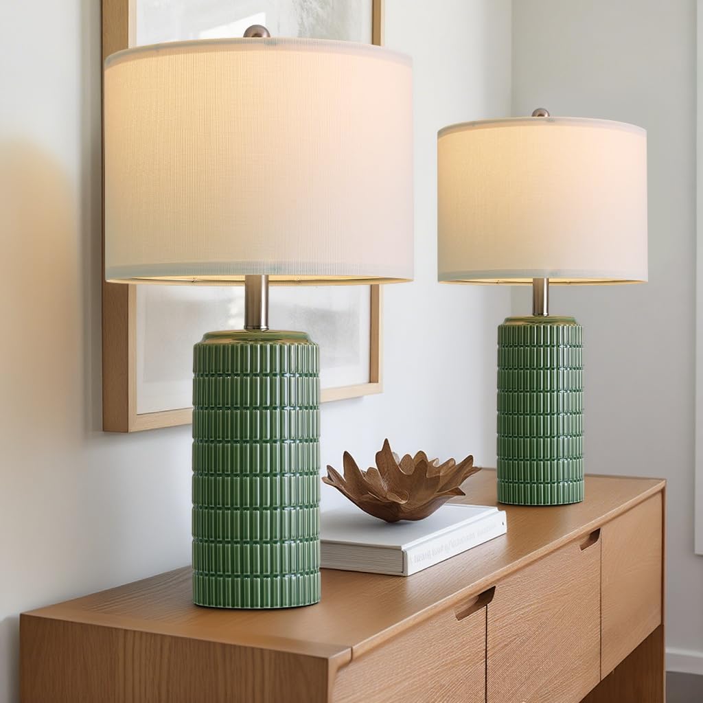 PoKat 24" Modern Ceramic Table Lamps Set of 2 for Bedroom, Green Bedside Lamps for Night Stands, Farmhouse House Decor Nightstand Table Lamps for Living Room End Table Green