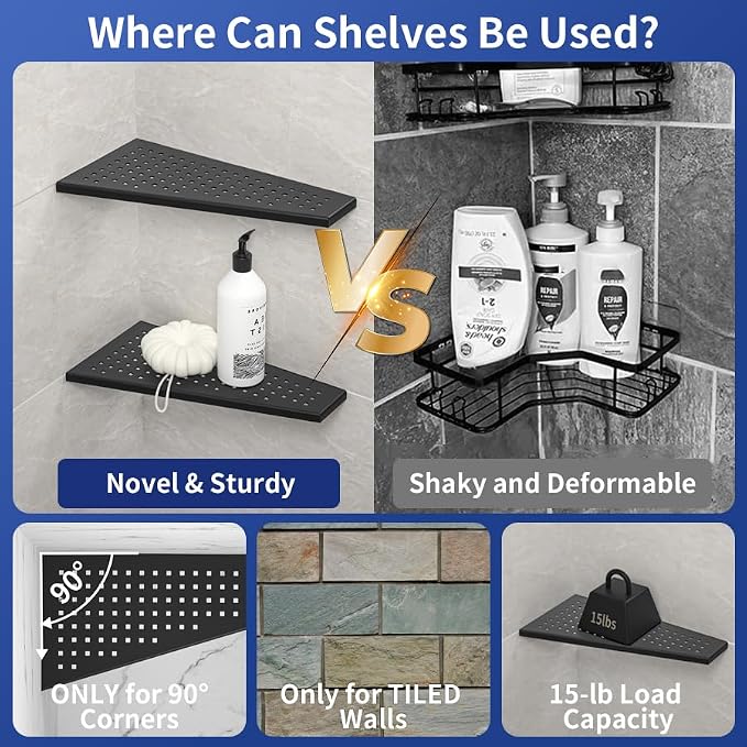 Corner Shower Shelf 12" Matte Black, 304 Stainless Steel