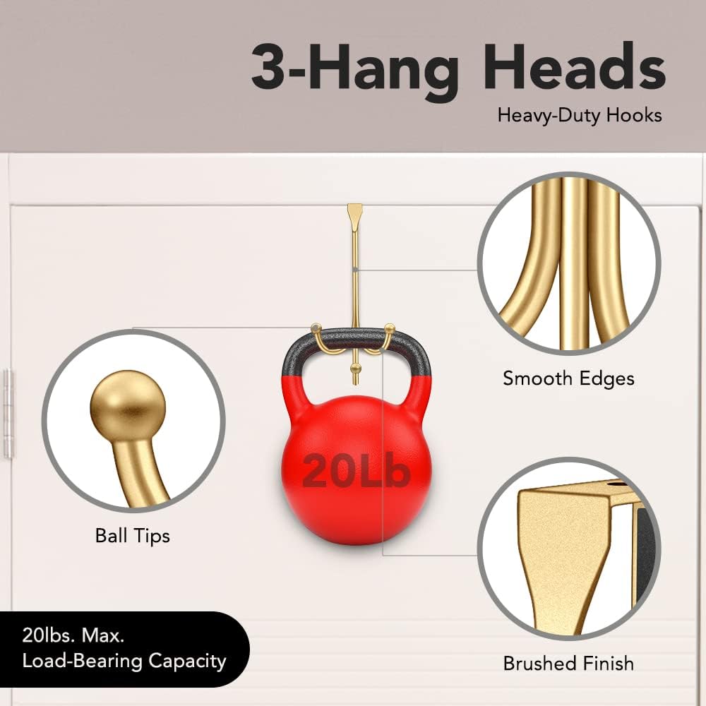 2-Pack Over The Door Hook - with 3 Hang Heads & Snug Fit Pads- 2Pcs Heavy Duty Hooks for Hanging Coats, Towels, Caps & Robes - Elegant Matt Finish - No Drill Hanger Organizer - Gold