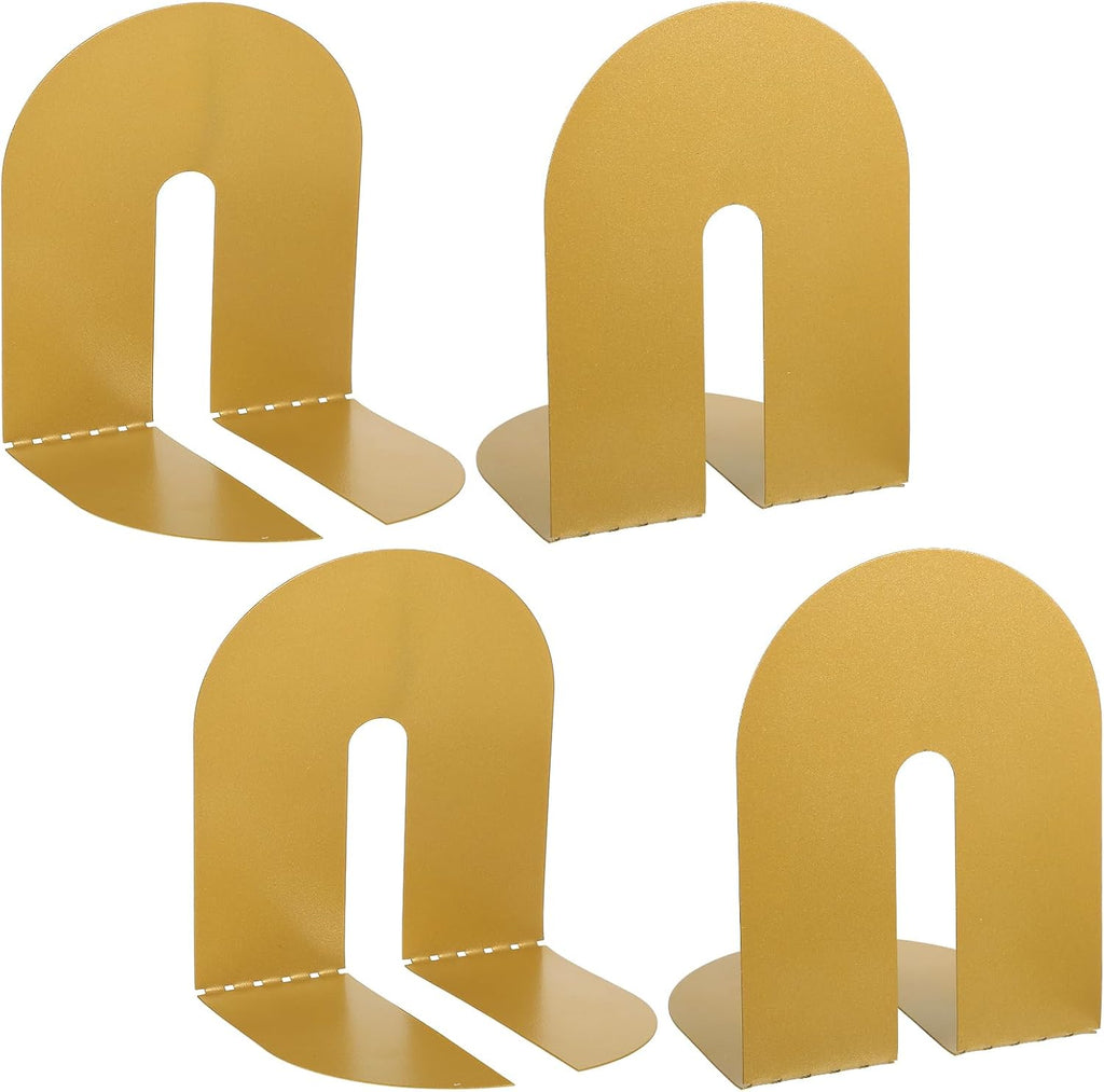 Set of 4 Golden Iron Book Ends for Heavy Books, Decorative Metal Bookends for Office Desk & Home Library, Elegant Book Holders for Shelves, Textbooks, Albums, Magazines (5.1x4.7x6.7 Inches)