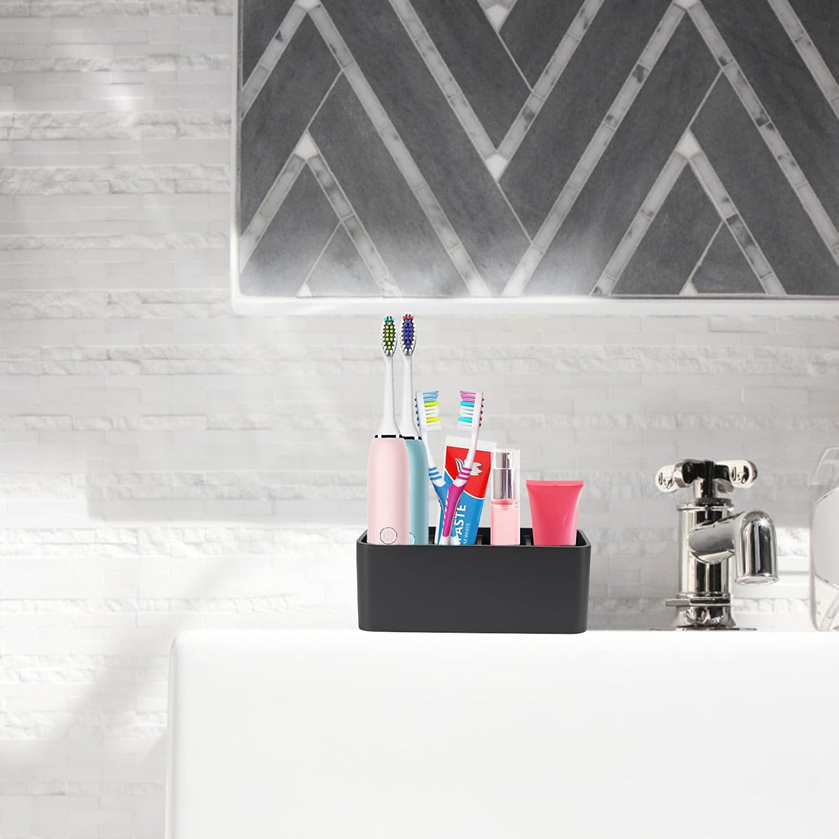 Toothbrush Holder for Bathrooms Toothpaste Holder Stand Bathroom Organizer for Toothbrush Makeup Brushes Holder (Black)