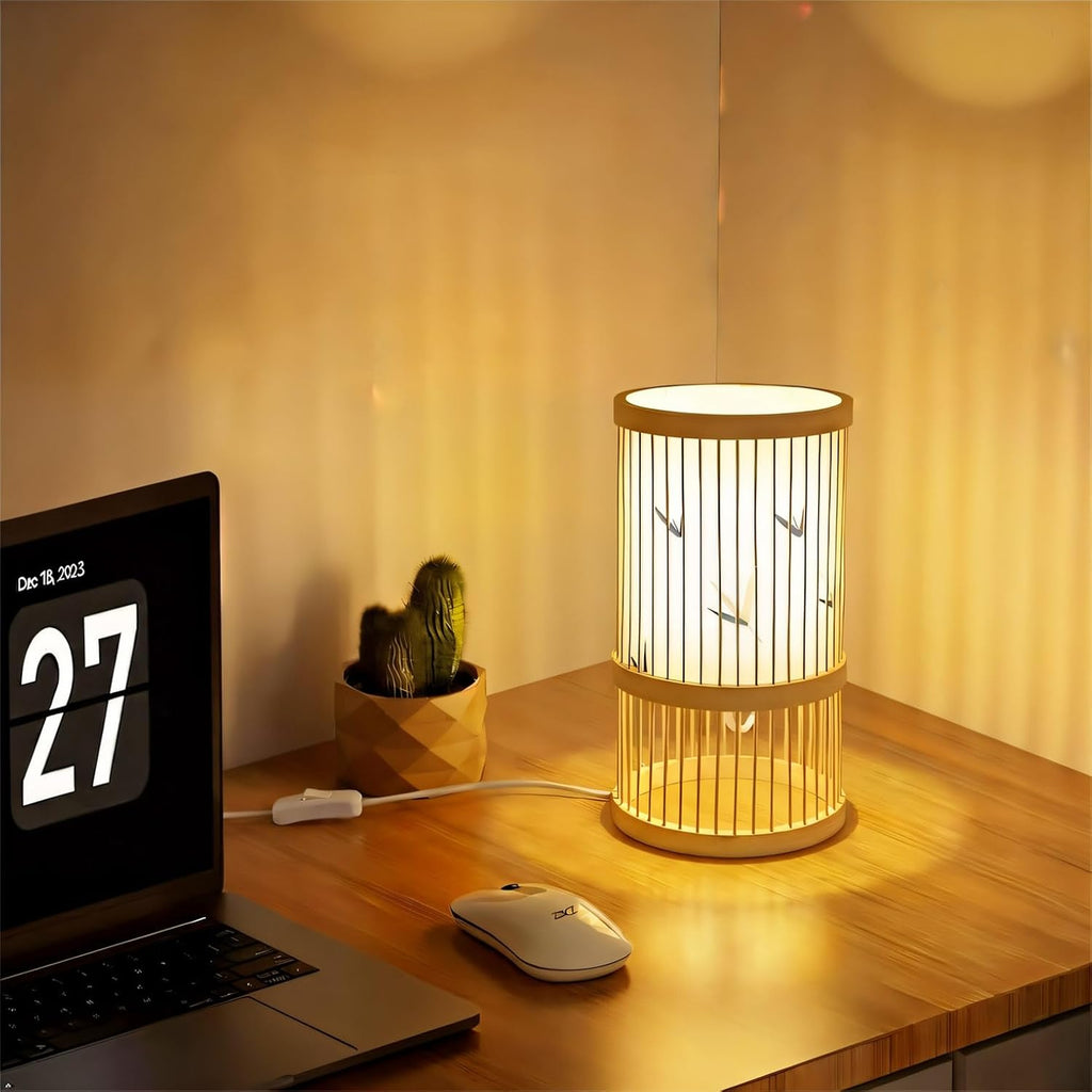 AFORTLO Table Desk Lamp,Janpandi Bamboo Boho Decorative Nightstand Night Light Japanese Hollow-Out Lamp Home Decor for Bedroom,Living Room,End Table or Office with Bulb(Bamboo Leaves)