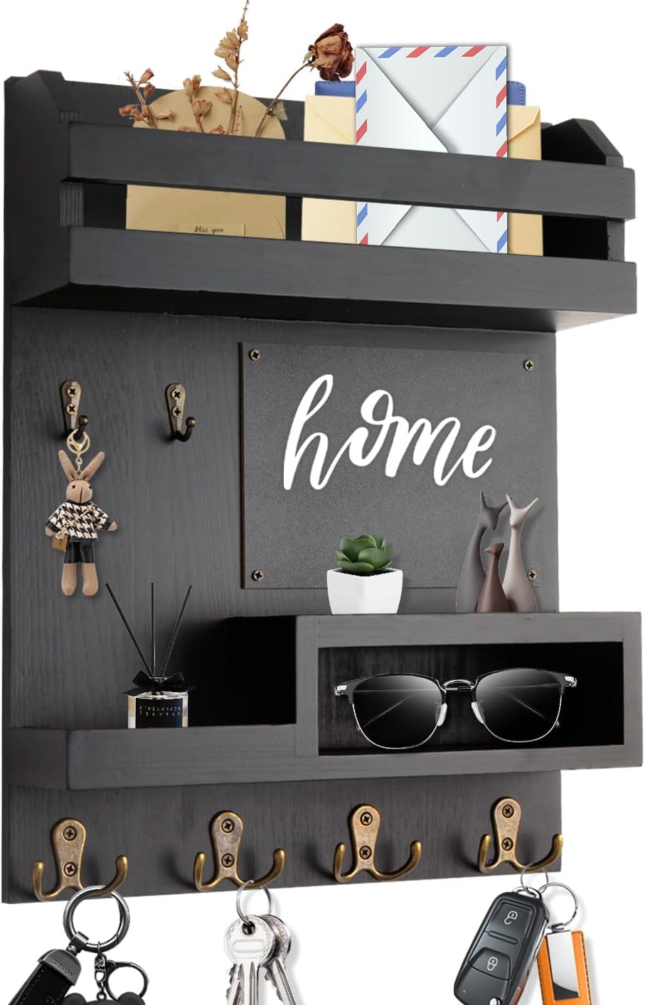 Large Key and Mail Holder Wall Mount, 12.5x16.5 Inch Solid Wood Key Racks for Entryway, Front Door, Hallway, Wall Organizer (Matte Black)