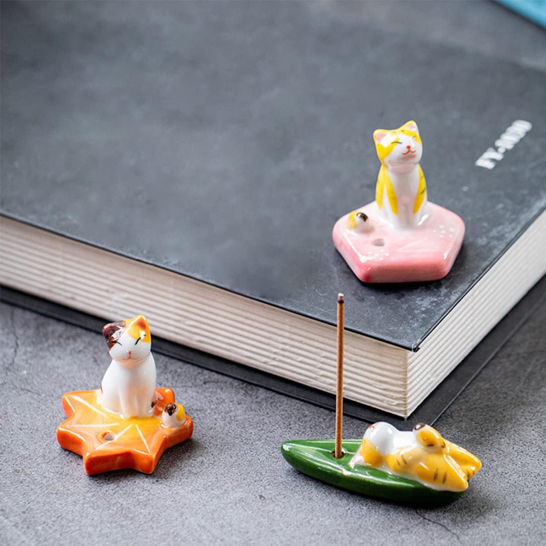 Set of 3, Japanese Mini Cute Kitty Cat Handmade Ceramic Incense Stick Holder or Incense Burner Holder, Adorable Animal Theme Inscent Tray for Home Decor Yoga Spa Meditation, 1.57 inch