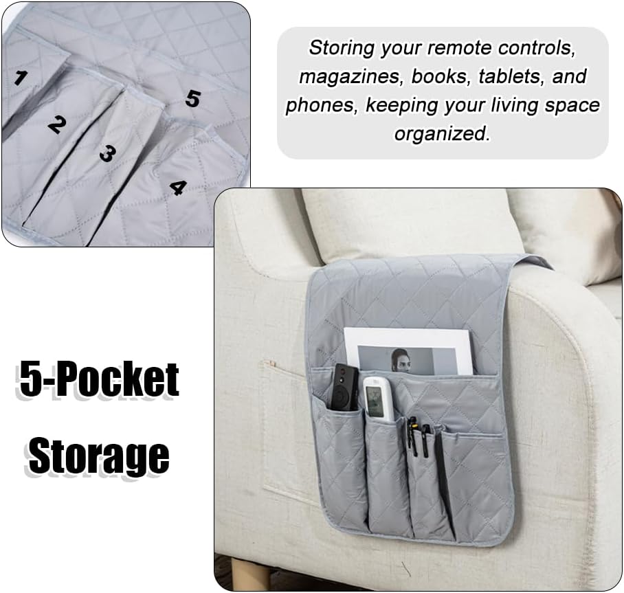 RETON Sofa Armrest Organizer 5 Pockets & 8 Hook‑and‑Loop Fasteners (Gray)