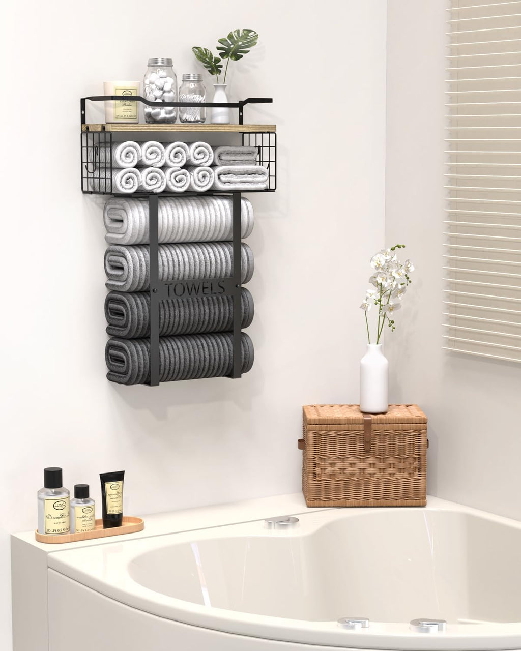 Towel Racks for Bathroom Wall Mounted - Bath Wall Towel Holder Set Above Toilet Storage, Rolled Towel Shelf Organizer for Small Bathroom, Wood Vertical Towel Rack for Bathroom Wall Decor