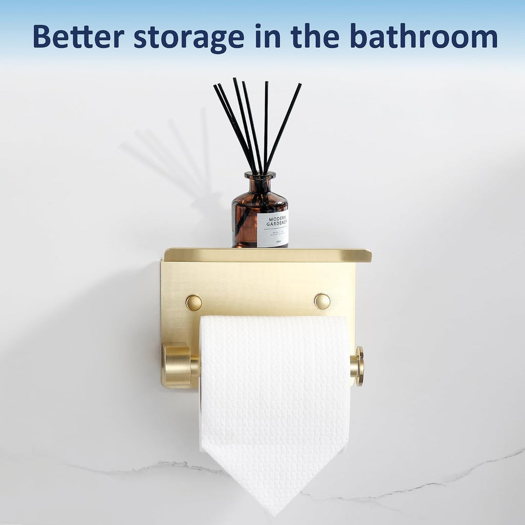 BGL Toilet Paper Holder with Shelf, Jumbo Roll Toilet Paper Holder for Large Rolls,Brushed Gold Adhesive Toilet Roll Holder for Bathroom，Renter Friendly Toilet Paper Holder
