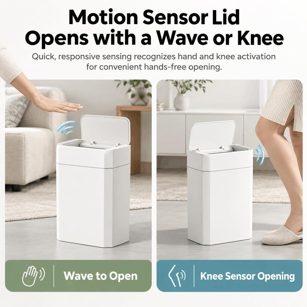 9L + 12L Motion Sensor Trash Can Set, White Automatic Plastic Garbage Bins, 2.4 Gal + 3.2 Gal Battery Operated Touchless Trash Can Set for Bathroom, Bedroom, Office
