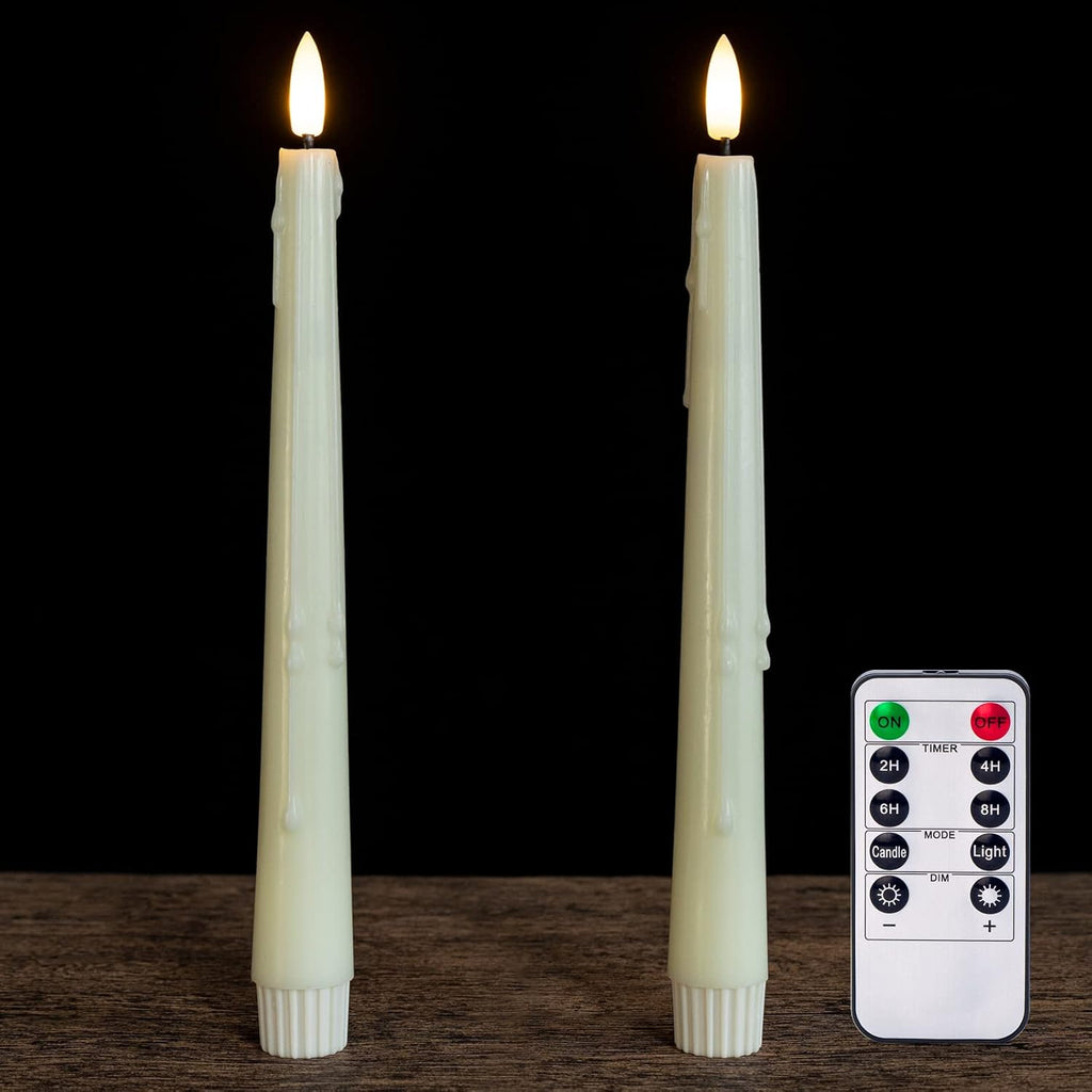 Real Wax Flameless Taper LED Candles with Remote, 9.6 Inch 3D Wick Flickering Battery Operated, Wax Drip, Set of 2 for Christmas Home Wedding Decor (Ivory)