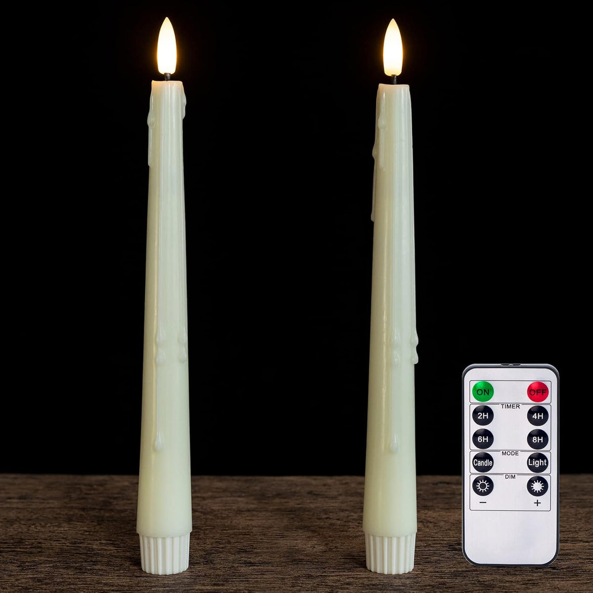 Real Wax Flameless Taper LED Candles with Remote, 9.6 Inch 3D Wick Flickering Battery Operated, Wax Drip, Set of 2 for Christmas Home Wedding Decor (Ivory)