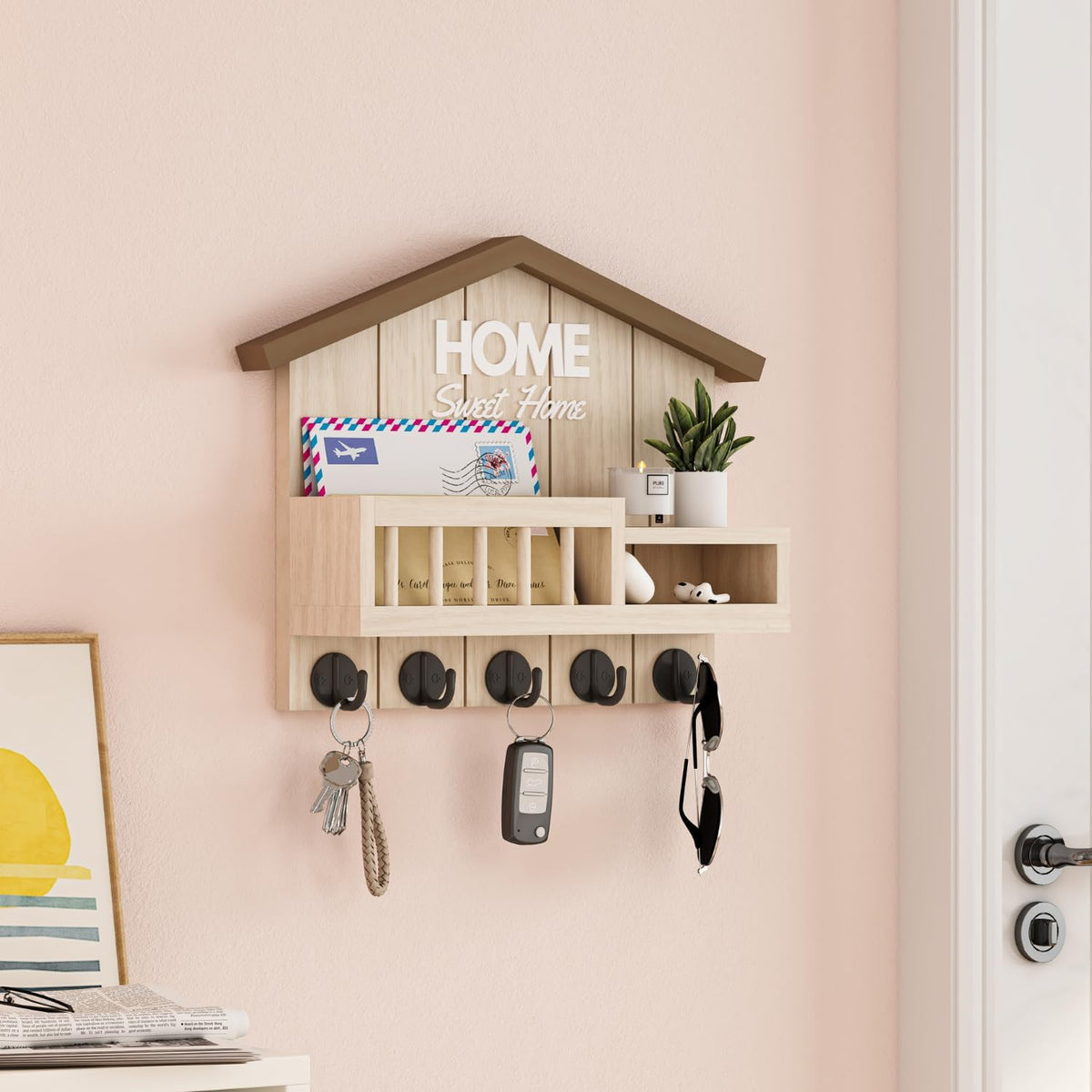 Key and Mail Holder for Wall, Wall Key Holder with Shelf, Key Rack Wall Mount, Wood Key Holder Wall Mount, Mail Organizer Wall Mounted, Entryway & Front Door Key Holder with 5 Hooks(White)