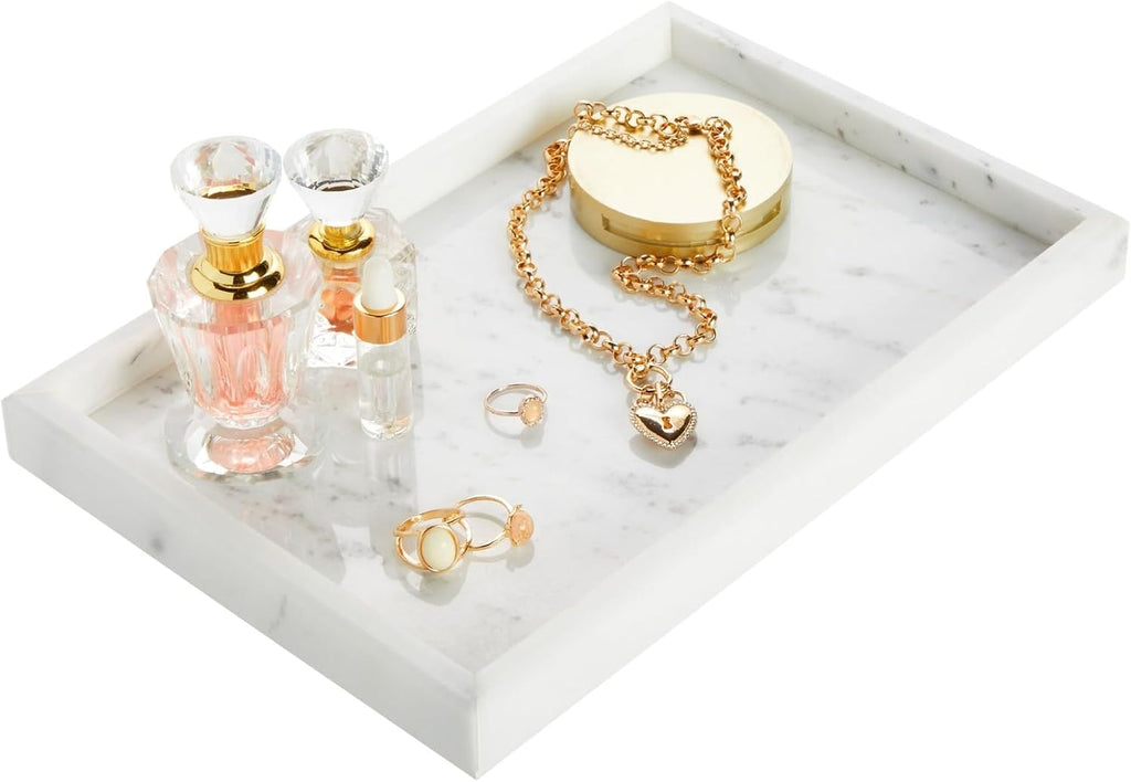 Juvale Large Marble Vanity Tray - Jewelry & Cosmetic Organizer with Drawer Organizer - Bathroom Display with Soap Tray - Home Accent Piece with Marble Decor - 11.7 x 7.7 x 1.1 in White