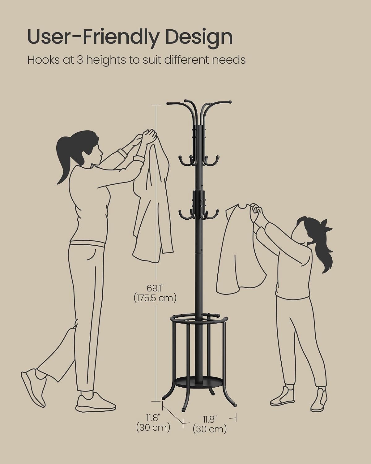 SONGMICS Metal Coat Rack Freestanding, with Umbrella Holder, 12 Hooks