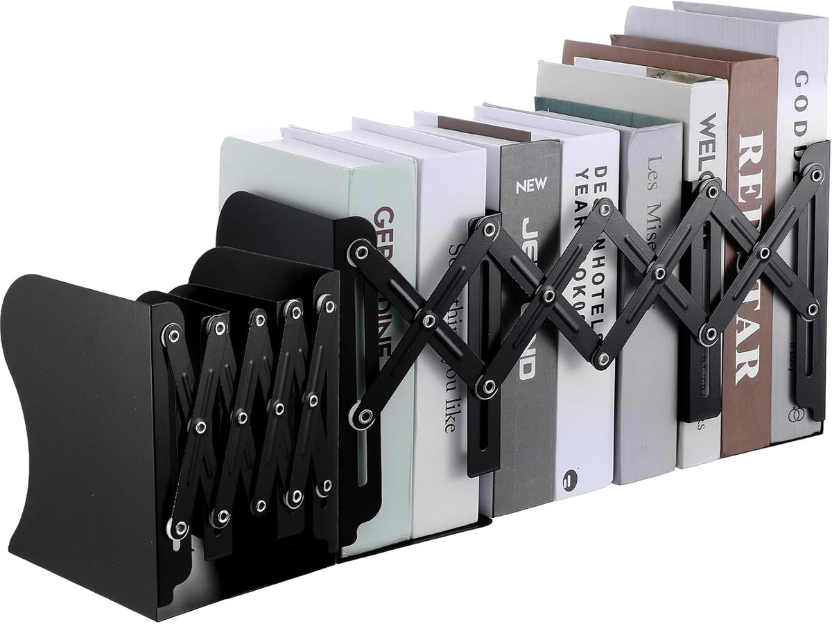 2PCS Heavy Duty Metal Bookends, Adjustable Book Organizer for Shelves & Desk with Non-Slip Pads, 3 Compartments, Extends up to 19 inches, Office & Home Use (Black)