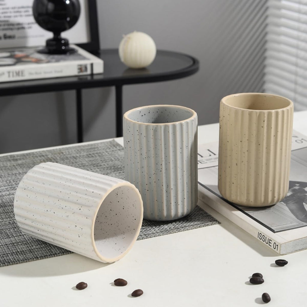 Stoneware Toothbrush Holder for Bathroom Tooth Brush Holder for Bathroom Toothbrush Cup Toothbrush Holders Cute Fluted Vertical Ribbed Stripe (Speckled White)