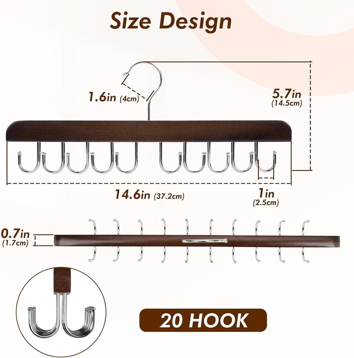 HOUSE DAY Belt Hanger for Closet 1 Pack, 20 Hooks Bra/Tie/Tank Top Hanger, Space Saving Hangers Storage Max 20 Belts/Ties, Sturdy Wooden Belt Rack Closet Accessories