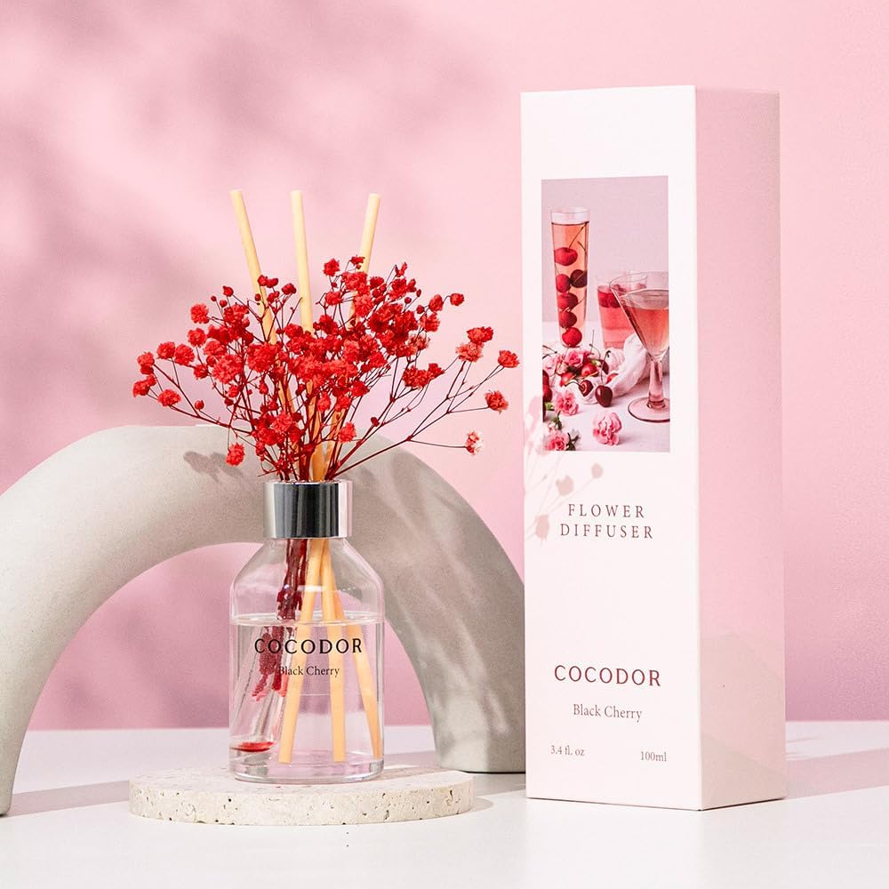 COCODOR Flower Reed Diffuser Set / 3.4oz / Black Cherry/Scent Diffuser with Sticks Home Fragrance Reed Diffuser for Bathroom Shelf Decor (Pack of 2)
