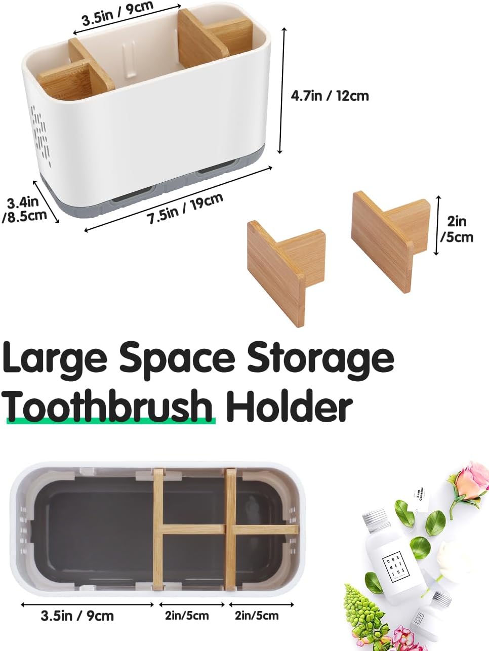 GFWARE Toothbrush Holders for Bathrooms - Bamboo Divider Toothbrush and Toothpaste Holder with Drainage, Kids Electric Toothbrush Organizer for Bathroom Countertop, White Tooth Brush Holder