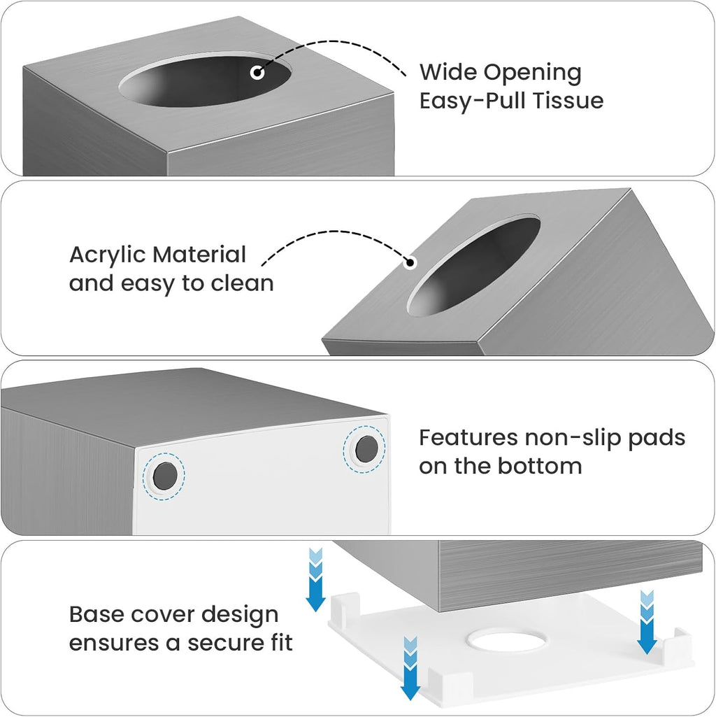 2 Pack Tissue Box Cover, Square Plastic Tissue Holder Non-Slip Base, Sliver