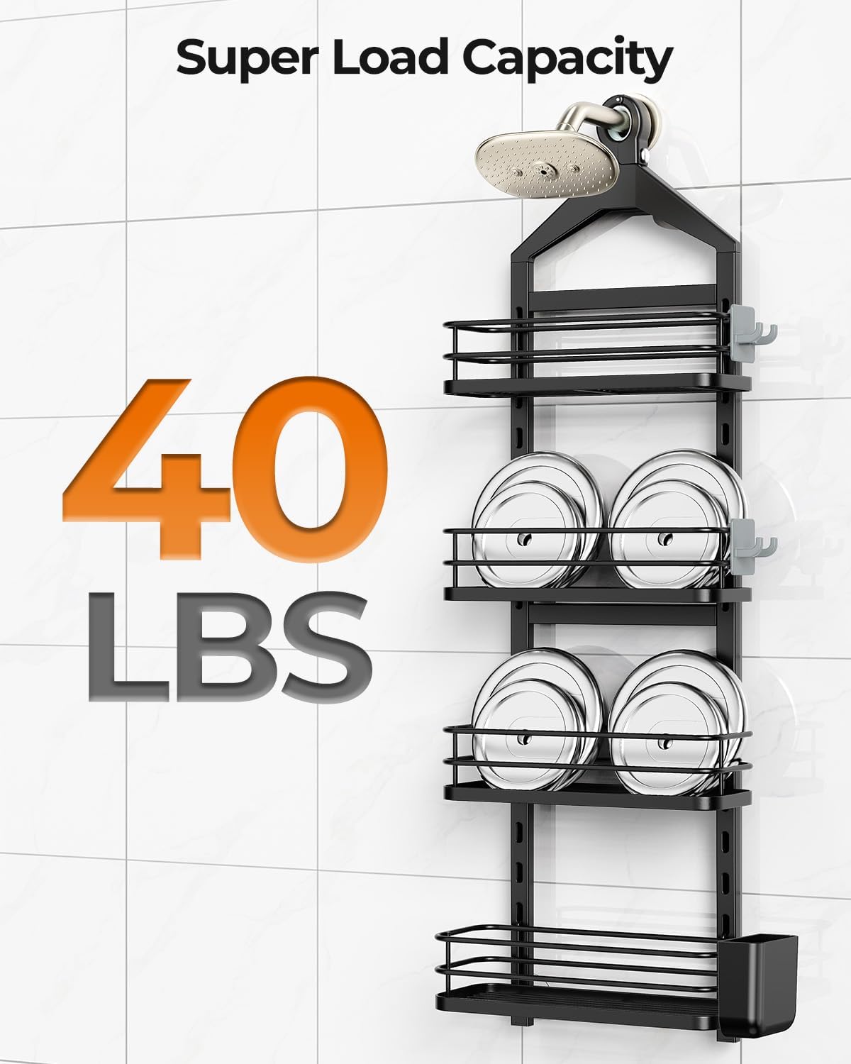 ODesign 4 Tier Adjustable Shower Organizer Hanging Over Showerhead Black