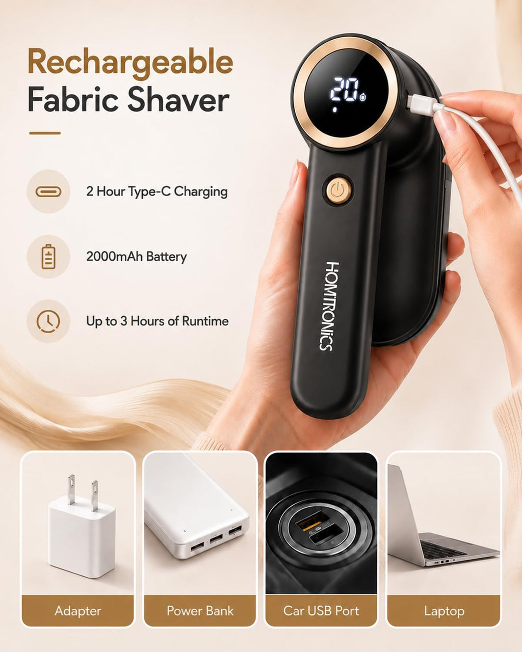 2000mAh Rechargeable Lint Shaver, Lint Remover for Clothes,Furniture