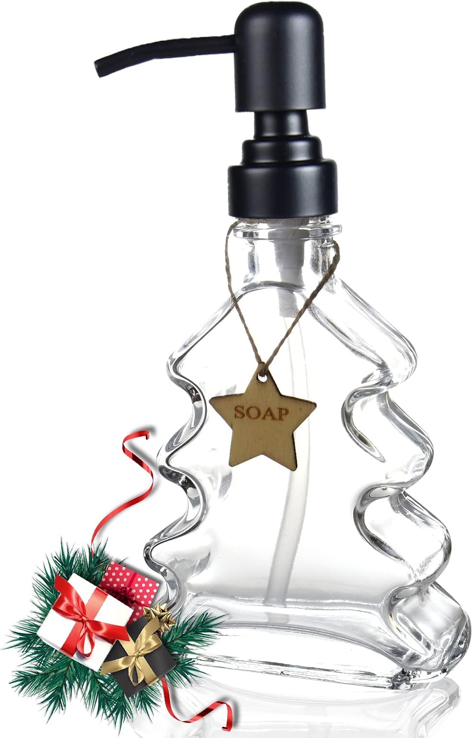 Christmas Tree Soap Dispenser, Glass Soap Dispenser with Black 304 Rust Proof Pump, Christmas Tree Shaped Great for Xmas Decor, Hand Soap, Dish Soap, Kitchen, Bathroom