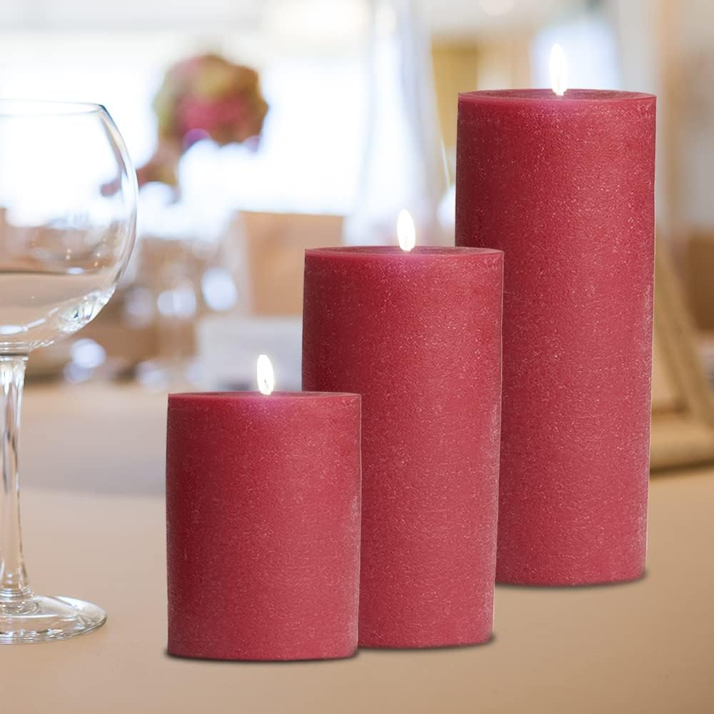 BASK Mottled Pillar Candles - Unscented Burgundy Candles Set of 3 - Dripless, Smokeless for All Occasions