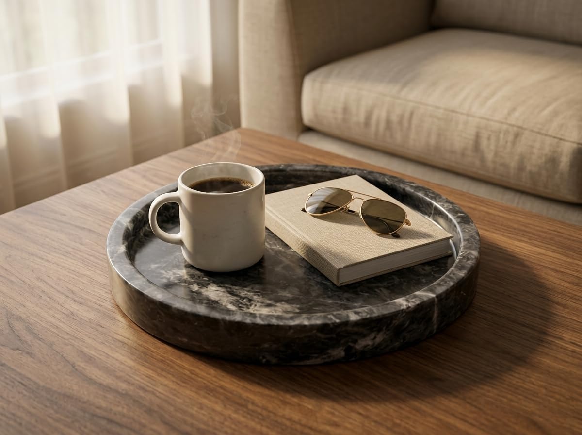 Round Grooved Marble Tray, 10-Inch Polished Natural Stone Serving Platter | Heavyweight 5lb Decorative Vanity Tray for Kitchen, Bathroom, Coffee Bar, Perfume Organizer & Charcuterie Board