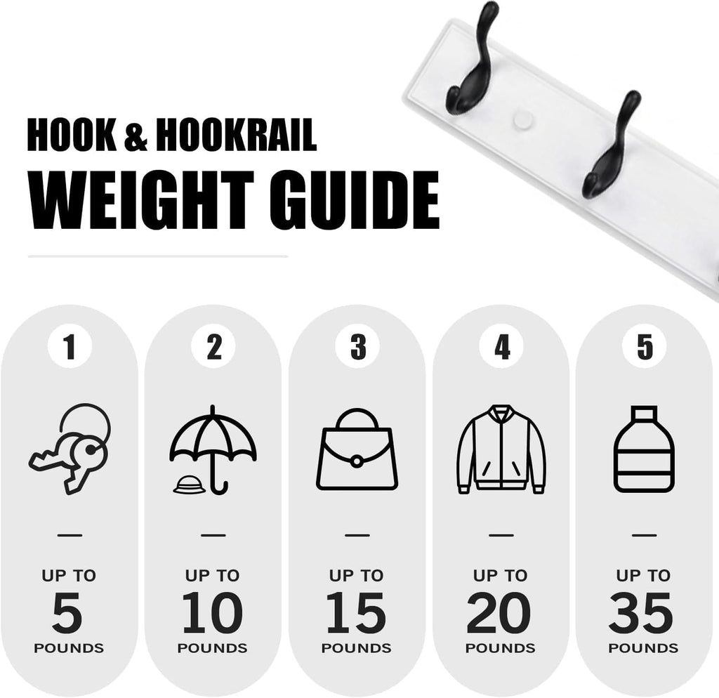Heavy Duty Wooden Coat Rack, Wall-Mounted, Black Hook White Board, 24 Inch