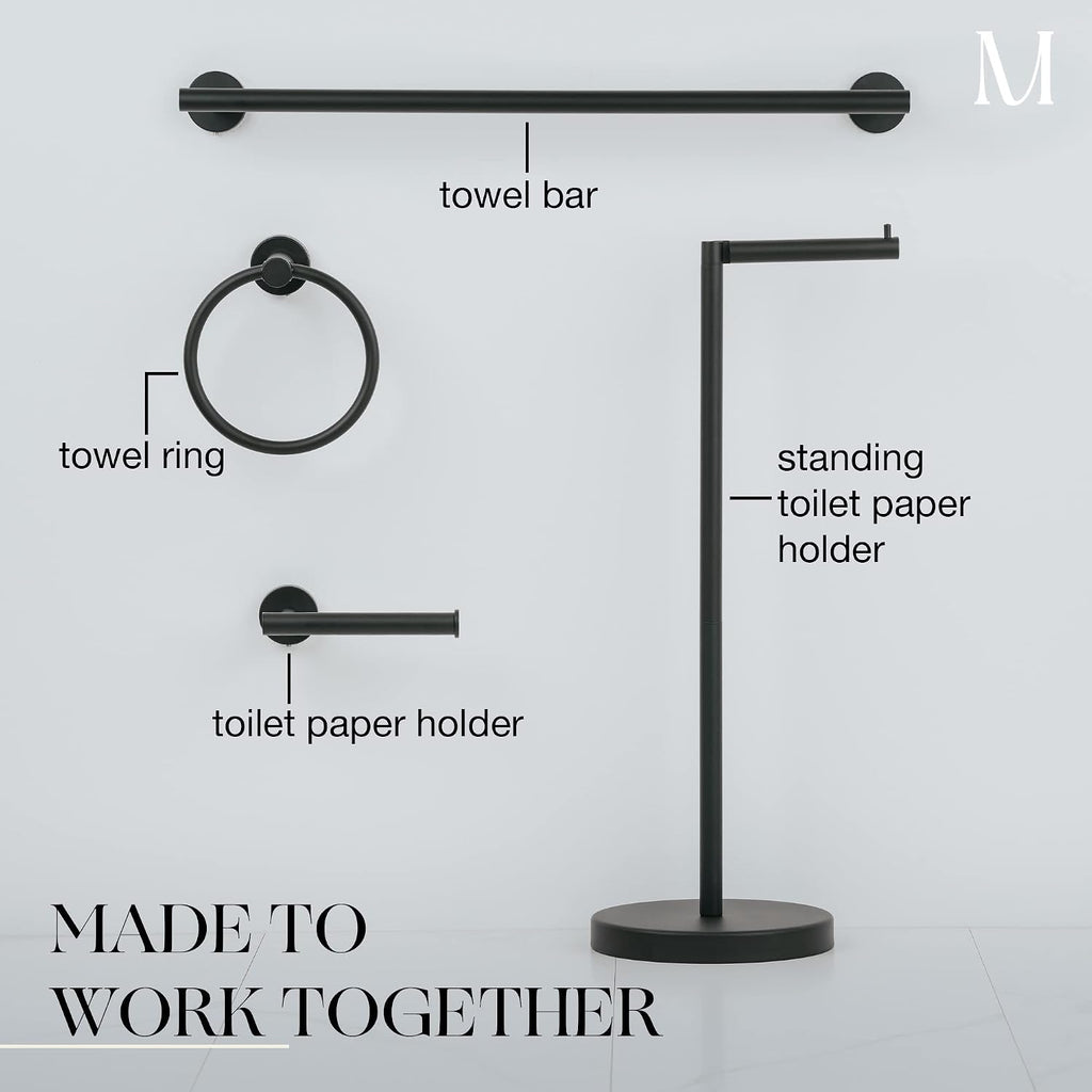 Marmolux Acc - 4 Piece Matte Black Bathroom Hardware Set - Towel Rack Set, Towel Holder & Wall Mounted Fixtures - Stainless Steel Matte Black Accessories