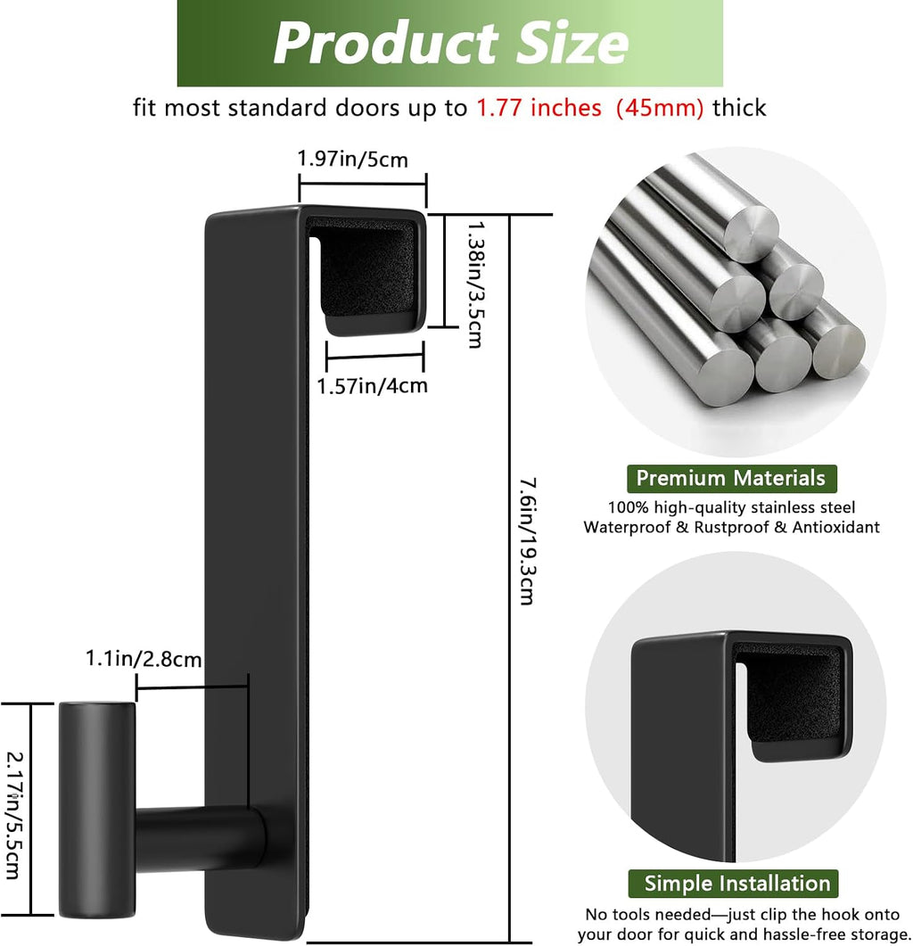 Stainless Steel Over The Door Hooks Heavy Duty, Bathroom Towel Holder Door Mount Coat Rack Towel Rack for Bedroom, Doors Hangers Towel Hooks for Bathroom Dorm Essentials (Black, 2 Pack)