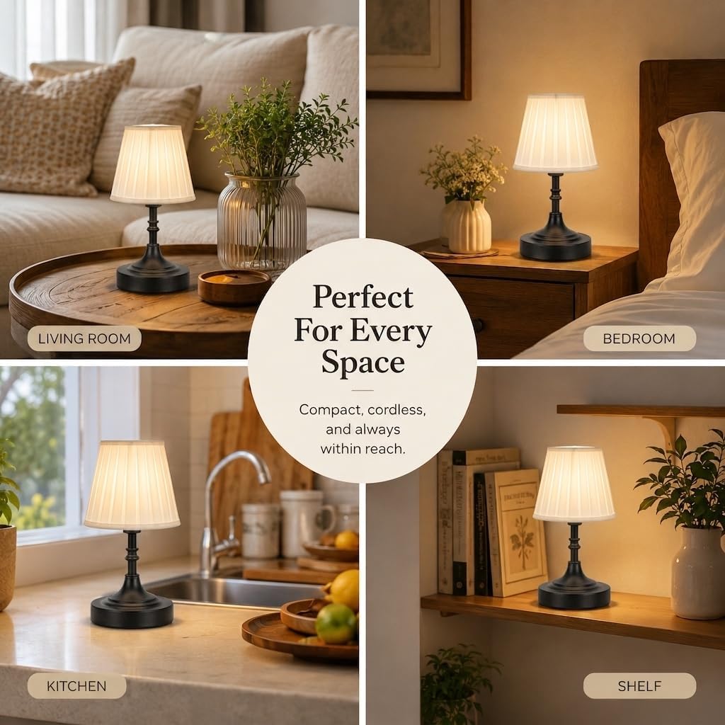 Balck Small Cordless Table Lamp Rechargeable - Kitchen Countertop Tabletop